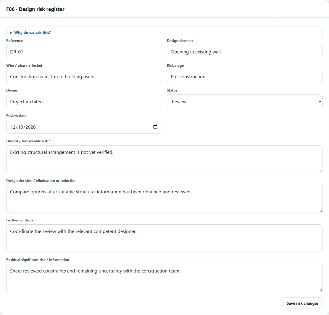 CDMlogic design risk form with fields for an existing-wall opening, design decision, further controls, residual information, owner and review date.